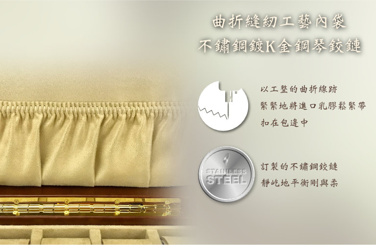 盒蓋內襯製作出曲折縫紉工藝內袋，採用不鏽鋼鍍Ｋ金鋼琴鉸鍊，靜屹地平衡剛與柔